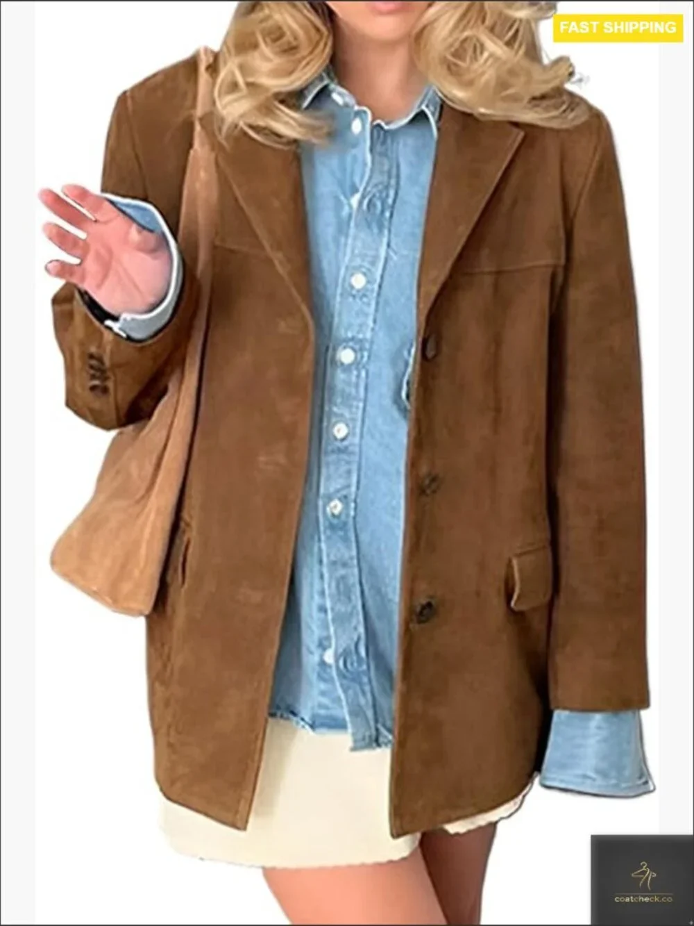 Oversized Suede Blazer Jacket Faux Leather Long Sleeve Trench Coat Work Casual